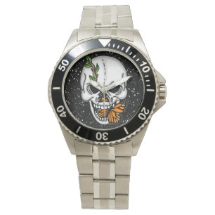 Montre Crâne et papillon Monarque noir blanc et orange