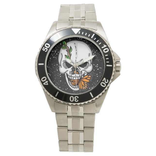 Montre Crâne et papillon Monarque noir blanc et orange (devant)