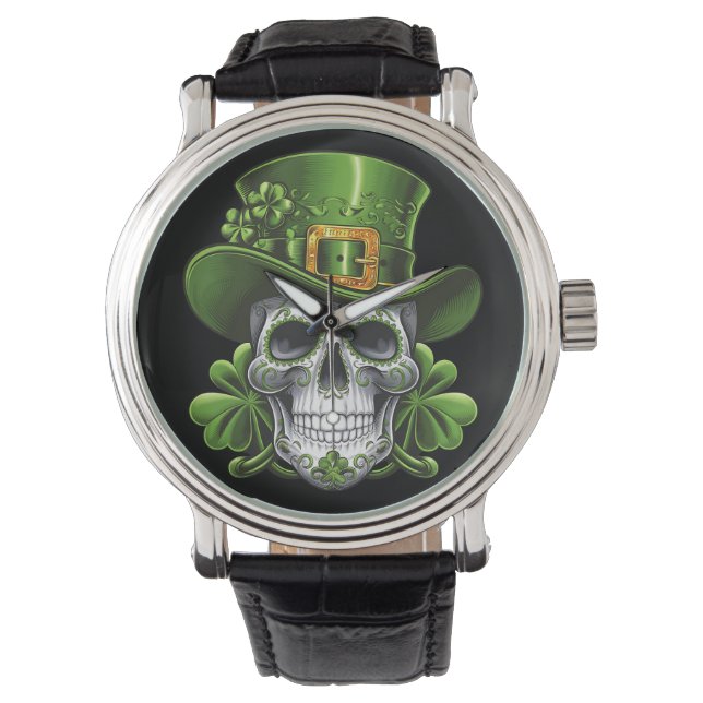 Montre Crâne sucre St Patrick's Day Shamrock (devant)