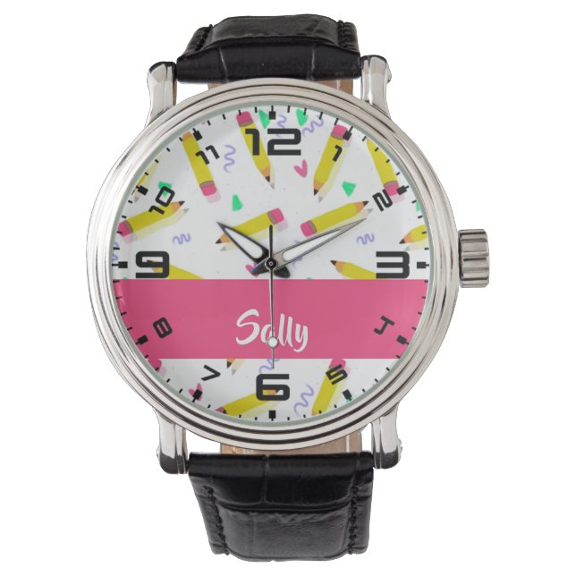 Montre Crayons et rayures jaunes sur blanc (devant)