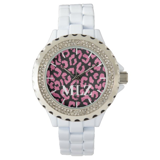 Montre Créer un Empreinte de léopard rose chaud monogramm (devant)