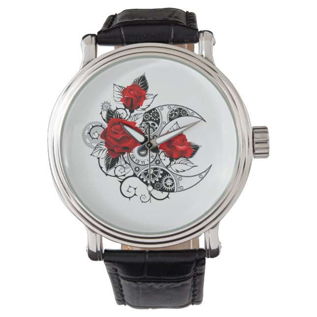 Montre Croissant mécanique avec roses rouges (devant)