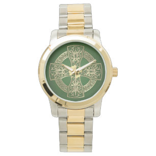 Montre Croix celtique et shamrock irlandais d'or