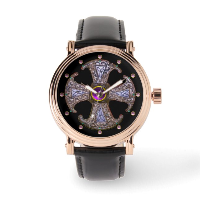 Montre CROIX DE CONSÉCURITÉ ANTIQUE Pierres violettes ros (Recto)