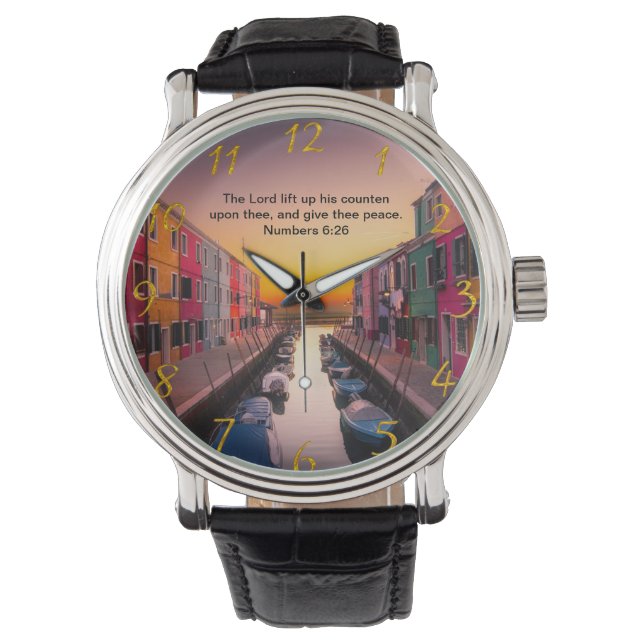 Montre Croix de foi chrétienne noire avec chiffres 6:26 (devant)