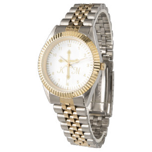 Montre Croix d'or simple chrétienne sur le monogramme bl