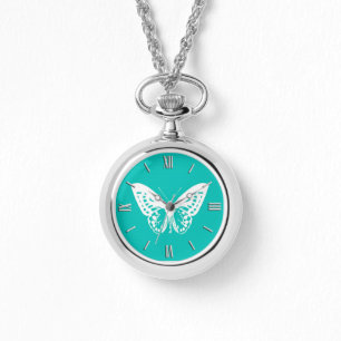 Montre Croquis de papillon, bleu turquoise et blanc