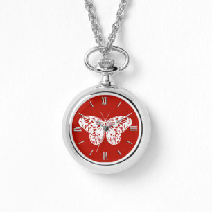 Montre Croquis papillon, rouge et blanc foncé