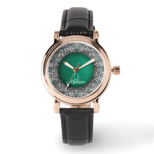 Montre Cuir vert et dentelle noire élégant monogramme