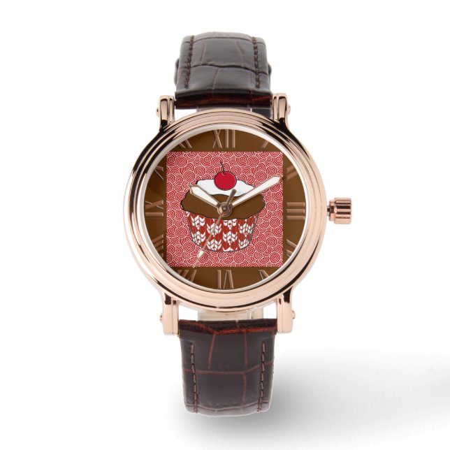 Montre Cupcake au chocolat sur Motif rouge et blanc (Recto)