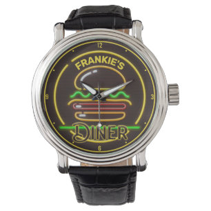 Montre Custom ADD NAME Retro Faux Neon Burger Diner