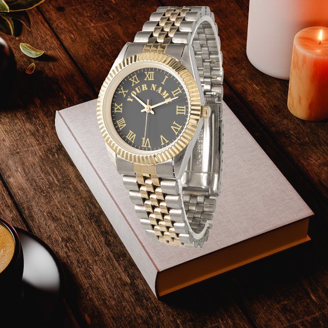 Montre Custom Black Monogrammed Gold Silver Tone Bracelet (Créateur téléchargé)