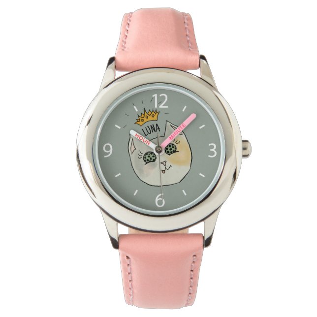 Montre Custom Cat Name Art - Chubby White Cat with Crown (devant)