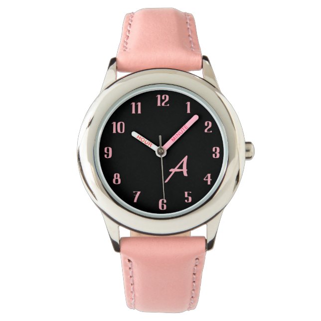 Montre Custom Monogram Stylish Black And Pink Dial Girls (devant)