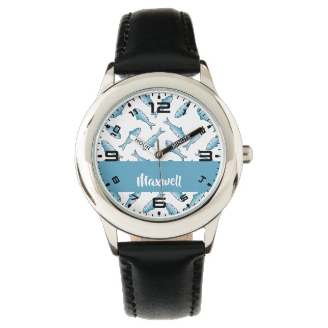 Montre Custom name blue fish on white (devant)