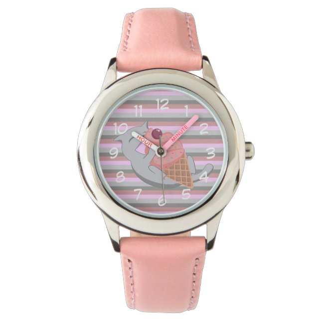 Montre Cute Cat Eating Pink Ice Cream Striped (devant)