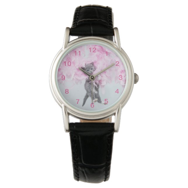 Montre Cute Cat rose plume (devant)