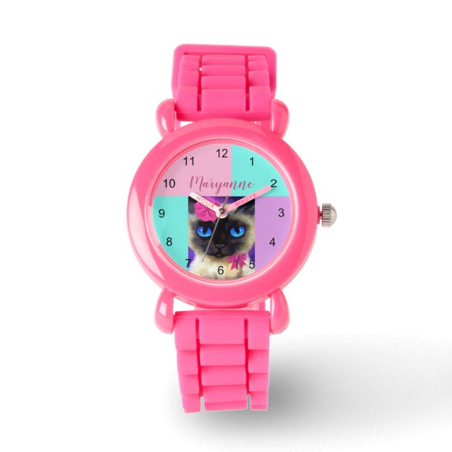 Montre Cute Cat Siamese Parties scintillant rose Nom Illu (Recto)