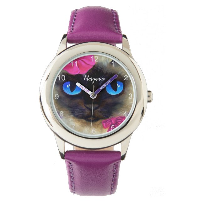 Montre Cute Cat Siamese Visage Ajouter un nom Illustratio (devant)