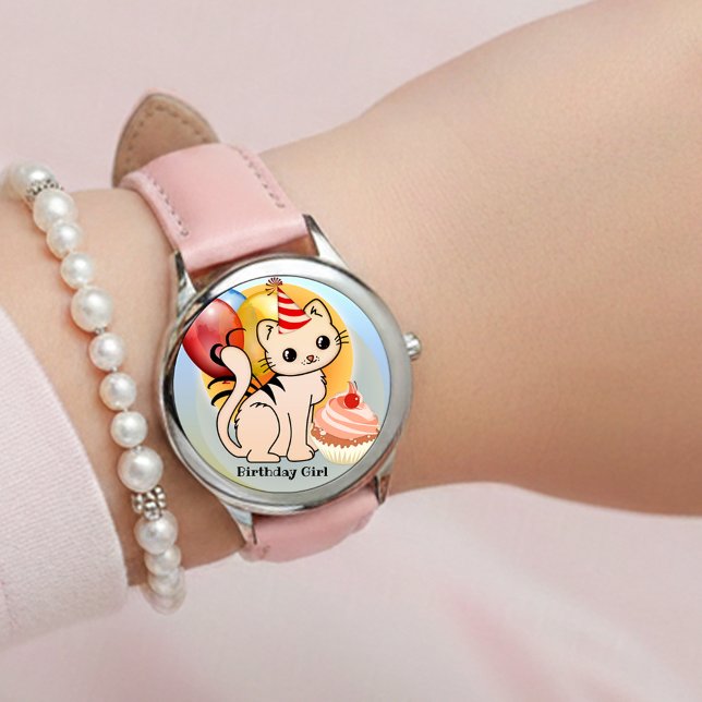 Montre Cute Colorful Kitty Birthday  (Cute festive girly birthday watch featuring a kitten with balloons and a cupcake)