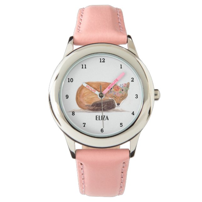 Montre Cute Fox Girls Faune Animaux Enfants Aquarelle (devant)
