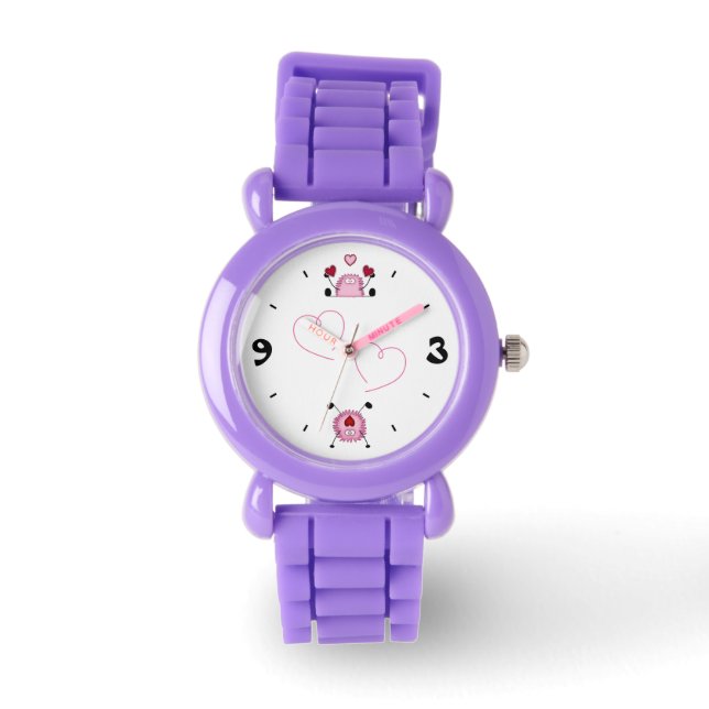 Montre Cute Fuzzies et Coeurs ~ Rose, Rouge et Noir (Recto)