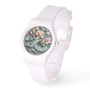 Montre Cute Grenouille Vert Lys Lys Lys D'Eau Rose Lys