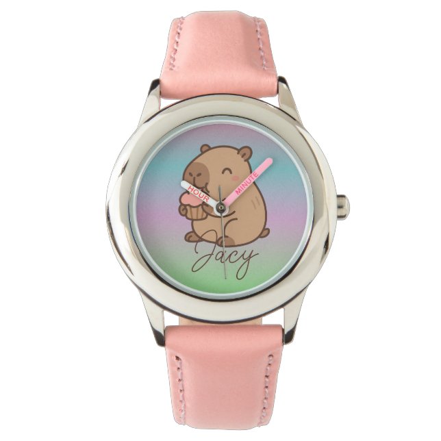 Montre Cute Kids Capybara eating cupcakes Rainbow (devant)