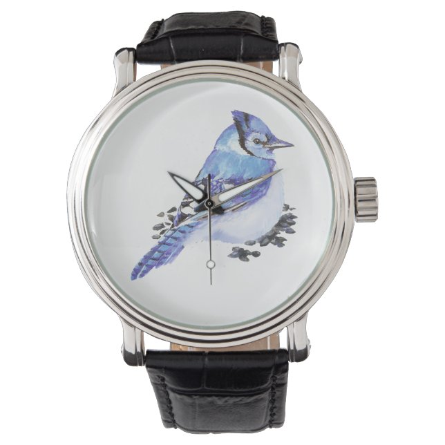 Montre Cute Petite Aquarelle Bleu Jay Oiseau Nature Art (devant)