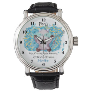Montre Cute Pisces Fish Watercolor Bull Zodiac Custom