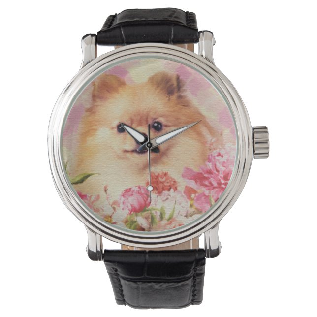 Montre Cute Poméranian German Spitz with Flowers (devant)