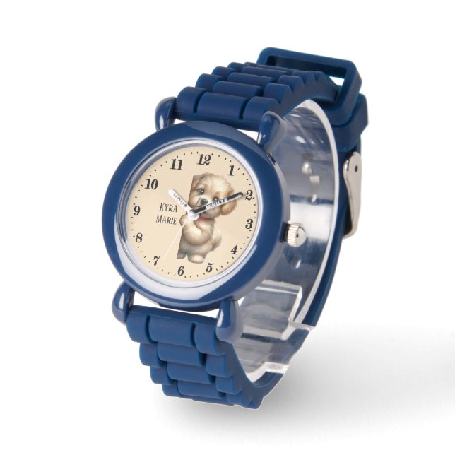 Montre Cute unisex kids peeking puppy ajouter nom (Angle)