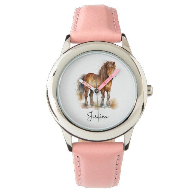 Montre Cute Whimsical Brown Pony Horse Nom du script (devant)