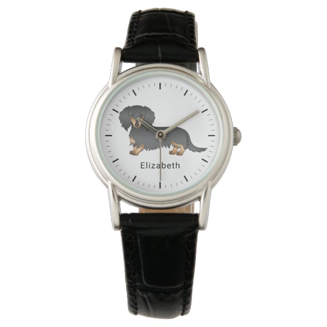 Montre Dachshund à cheveux longs et noirs Chien et nom (devant)