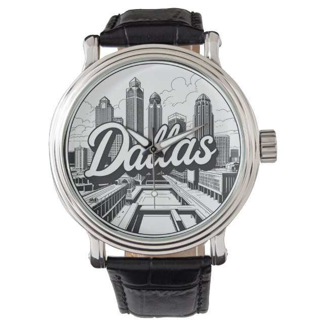 Montre Dallas Texas Skyline Paysage urbain noir et blanc (devant)