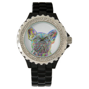Montre de femmes de peinture de bouledogue