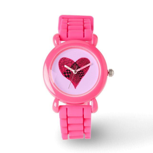Montre de fille au coeur rouge rose encre (Recto)