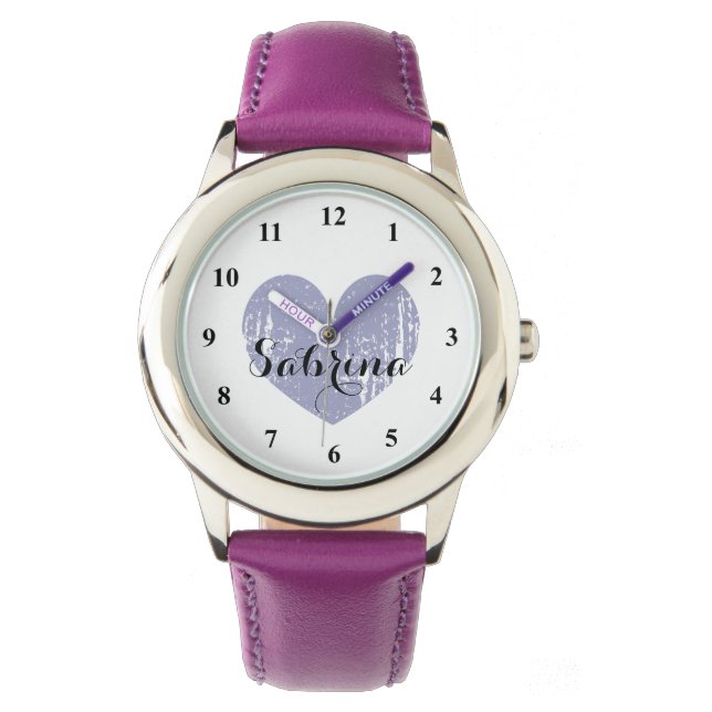Montre de mignonne Kid avec coeur violet et nom de (devant)