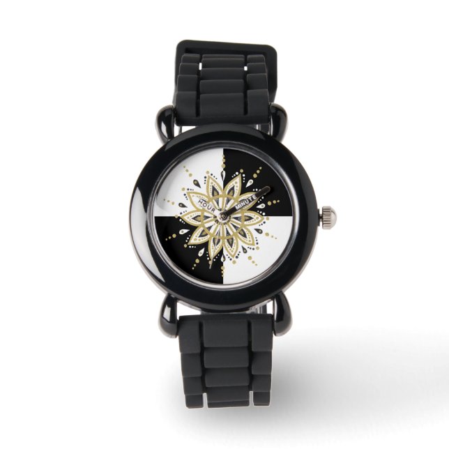 Montre Décor noir et blanc mandala conception géométrique (Recto)