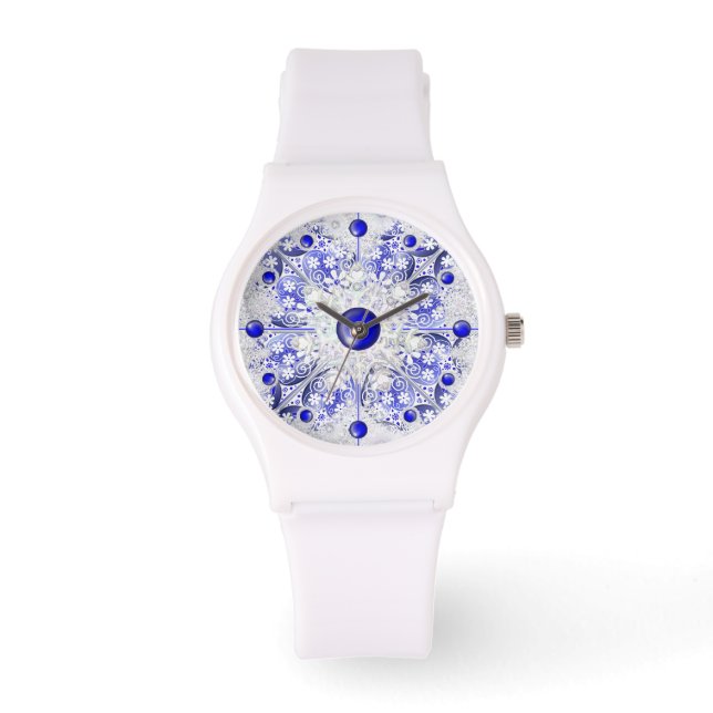 Montre Dentelle en céramique Bleu de Grèce & flocon de ne (Recto)