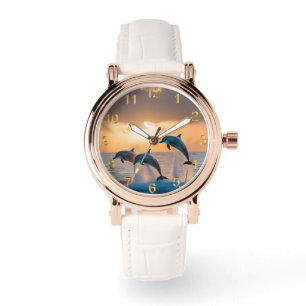 Montre Des Dauphins Majestueux Tournent Au Coucher Du Sol