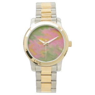MONTRE DESIGN ABSTRAIT EN ROSES, JAUNES ET VERTS