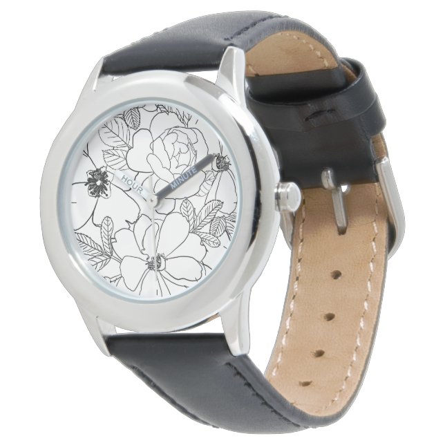 Montre Design de dessin élégant Rose Floral Line (Incliné)