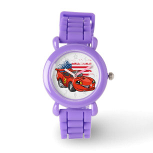 Montre Dessin du drapeau américain de la voiture rouge -