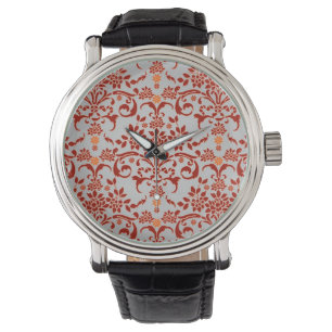 Montre Dessin fantaisie damassé orange et argent