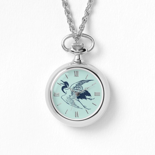 Montre Dessin japonais vintage d'une grue, bleu (Recto)