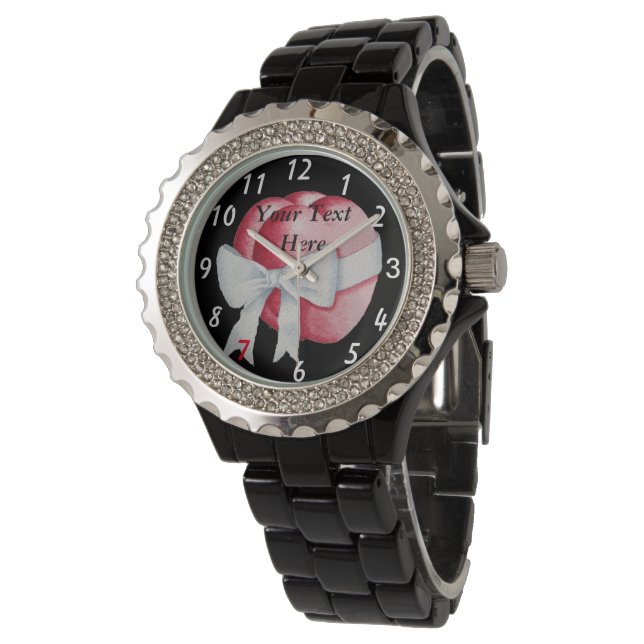 Montre deux coeurs rouges attachés avec un ruban blanc (Incliné)