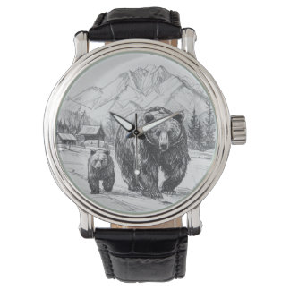 Montre Deux ours, mère et bébé, marchant le long de beaux