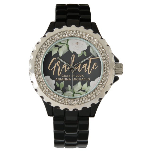 Montre Diplômé botanique floral Script Graduation Noir (devant)