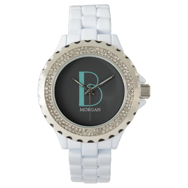 Montre DIY Large Monogram & Name, Teal/White Text, Black (devant)